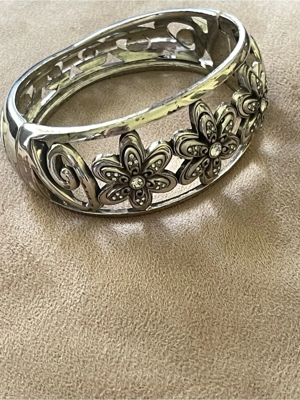 Brighton Silver Floral Crystal Accent Bangle Bracelet